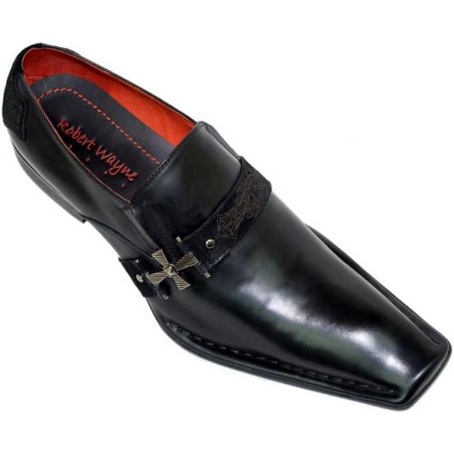 Robert Wayne "Earth" Black Leather Loafers With Suede Strap And Silver Cross